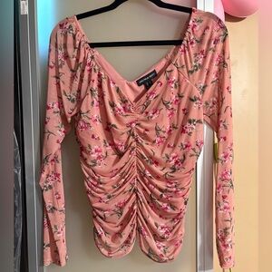 Floral Ruched Blouse - Pink - Size Large (L)